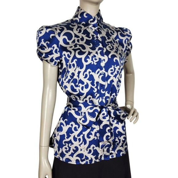 Vintage Y2k Bebe Silk Cobalt Grey Puff Sleeve Scroll Logo AOP Belted Blouse M/L - Picture 1 of 15